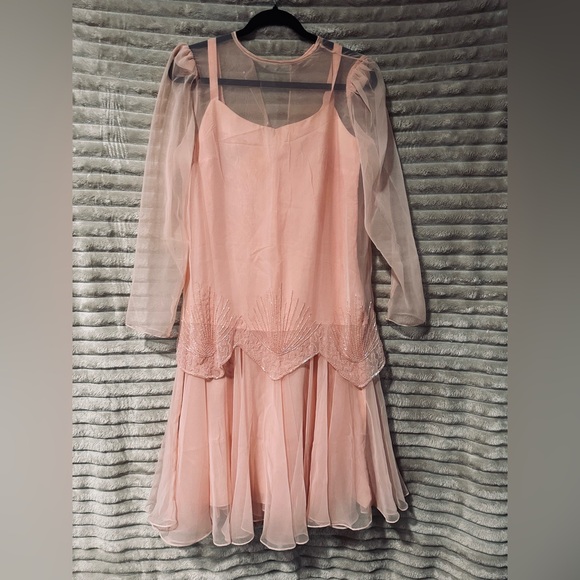 Petite Sophisticate Dresses & Skirts - Vintage Blush Pink hand Beaded Chiffon Dress with a sheer overlay